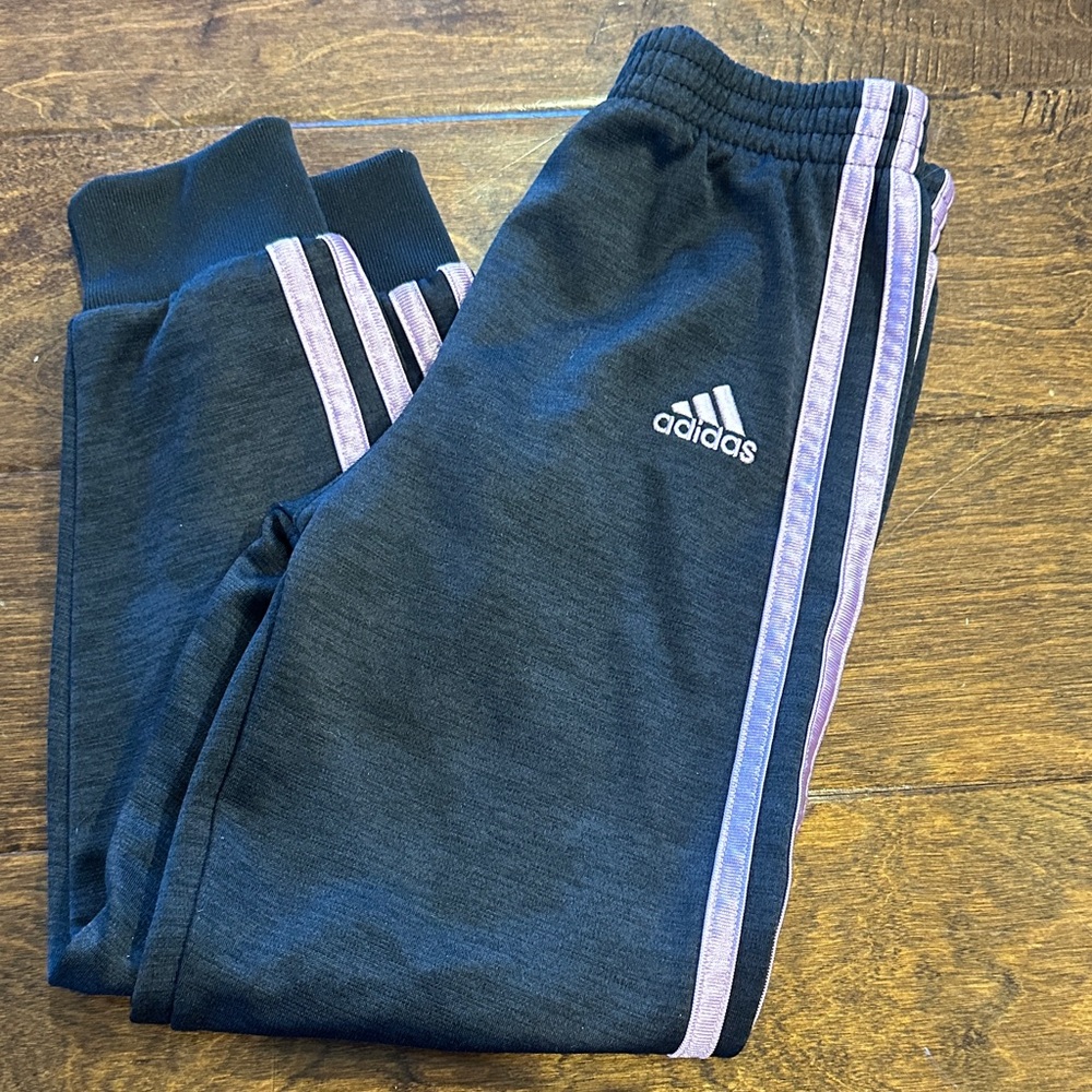 Adidas Kids Charcoal Joggers with Light Pink Stripes